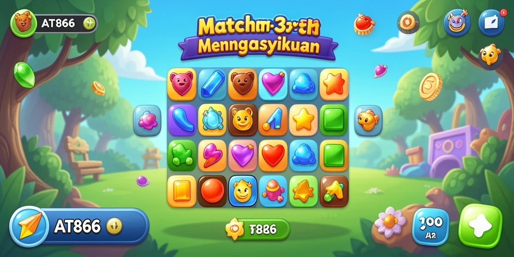 Tampilan gameplay Match-3 yang penuh warna dan seru.