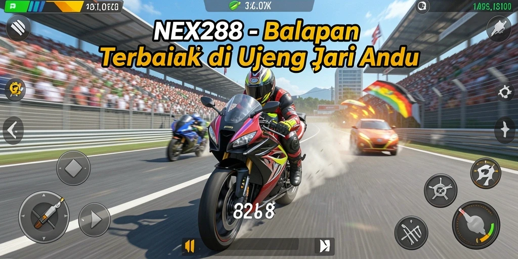 Screenshot NEX288 menampilkan aksi balapan motor yang intens.