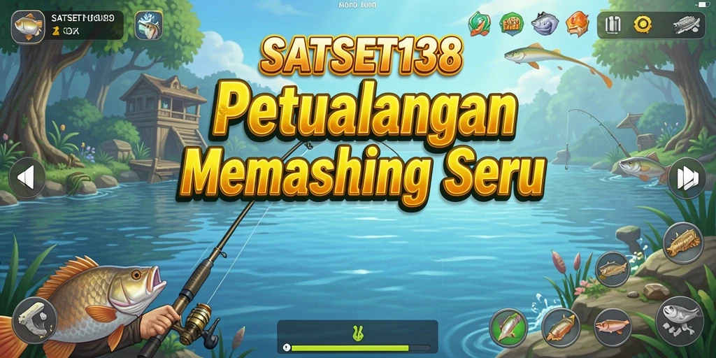Tampilan gameplay <strong>SATSET138</strong> menampilkan berbagai lokasi memancing dan ikan yang berwarna-warni.